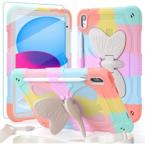 for iPad 10th Generation Case 2022 10.9 Inch, 2 in 1 Shockproof iPad 10 Case for Kids Girls with Tempered Glass Screen Protector Kickstand Pencil Holder Shoulder Strap - Pink Cover