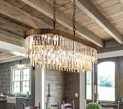 Wellmet Crystal Chandelier, Vintage Crystal Pendant Light, 7-Light Farmhouse Kitchen Island Chandelier, for Dining Room, Living Room, Kitchen, Restaurant