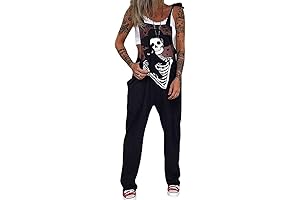 Women's Casual Goth Skull Printed Overalls Loose Rompers Jumpsuit with Pockets