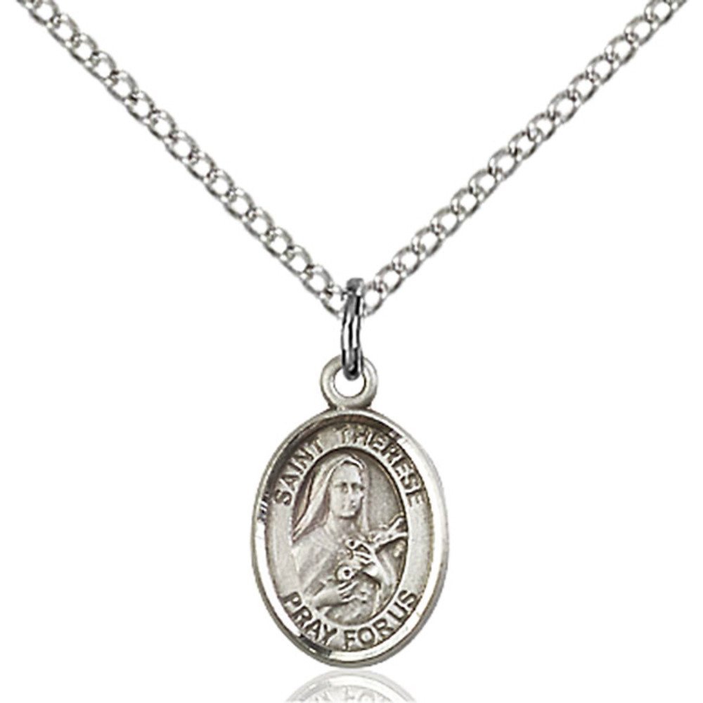 Bonyak Jewelry Saint Medal Collection Sterling Silver St. Therese of Lisieux Pendant 1/2 x 1/4 inches with Sterling Silver Lite Curb Chain