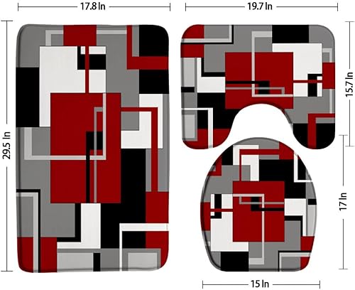 Miniatura 2 de Juego de 3 alfombrillas de baño geométricas abstractas para baño, rojo, gris, negro, blanco, geométrico, cuadrados, contemporáneo, moderno, simple,