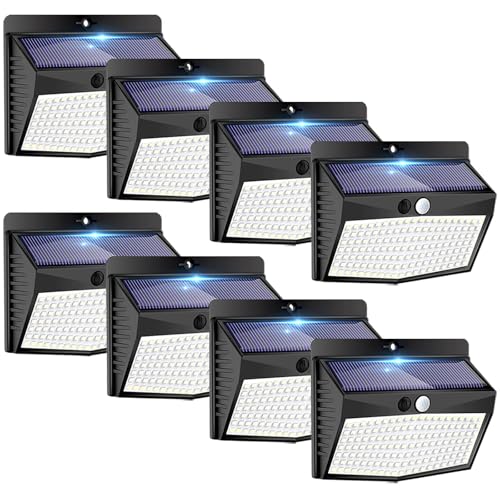 Peasur Luz Solar Exterior【8 Paquete/138 LED/3 Modos】 Luces Solares Exterior con Sensor de Movimiento,IP65 Impermeable Focos, Farolas potente para Patio, Garaje