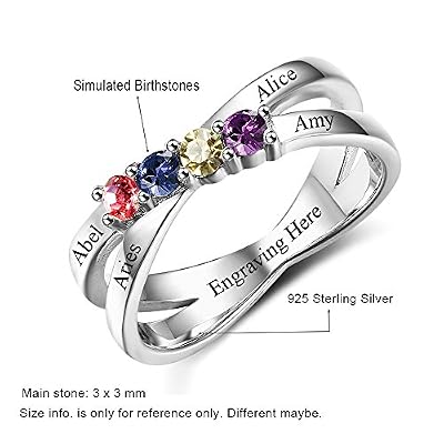 Love Jewelry Personalized Sterling Silver Mothers Rings with 4 Simulated Birthstones Engraved 4 Family Names Anniversary Rings Mothers Day Rings for Women