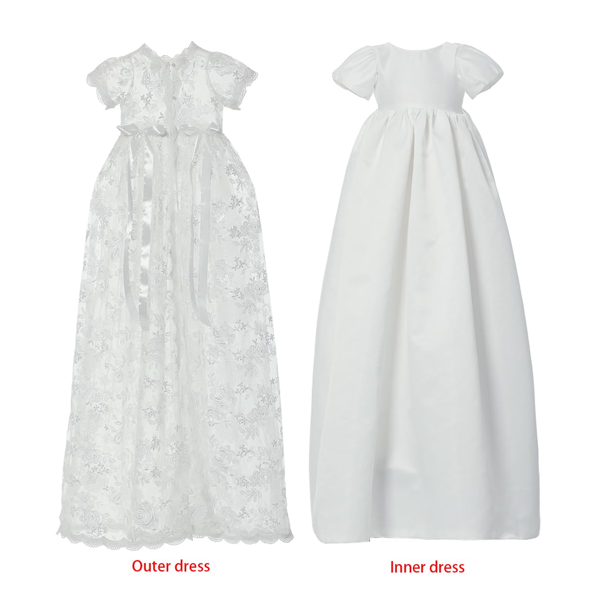 CAMDOM Baby Lange Taufe Kleider 3pcs Weiße Spitze Taufe Kleid Anzug mit Mütze