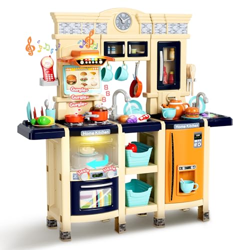 Kiddokidz Play Kitchen for Toddlers, 87-Piece Interactive Kids Kitchen Playset with Realistic Appliances - Microwave, Oven, Sink & Food Accessories - Educational Pretend Toddlers Play Toy, Navy Blue