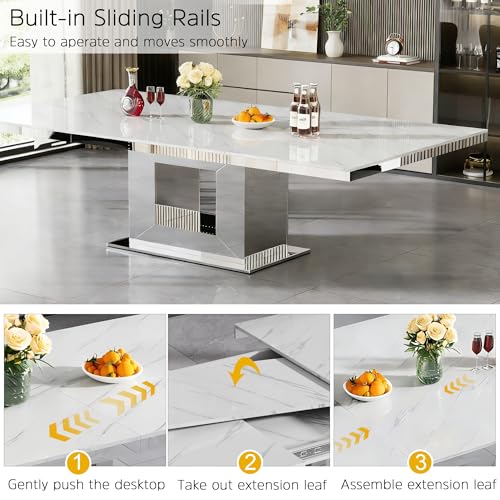 Image of Modern Extendable Dining Table Set for 6, Faux Marble Expandable Table with 6 Black Velvet Chairs & Silver Mirrored Pedestal Base, 63 inch to 94 inch 3-Position Expansion, 7 Piece Luxury Dining Room Table Set