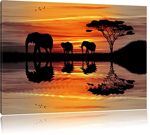 Afrique Elephant de soleil noir / blanc Taille: 80x60 sur toile, XXL énormes Photos complètement encadrée avec civière, impression d'art sur murale avec cadre, moins cher que la peinture ou une peinture à l'huile, pas une affiche ou une bannière,