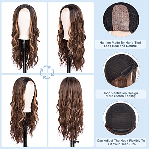 Pelokaa Long Ombre Brown Mixed Blonde Wavy Wig For Women 26 Inch Middle Part Curly Wavy Wig Natural Looking Heat Resistant Synthetic Wigs For Daily Party Use (26 Inch, Dark Brown Mixed Blonde) #TOP3