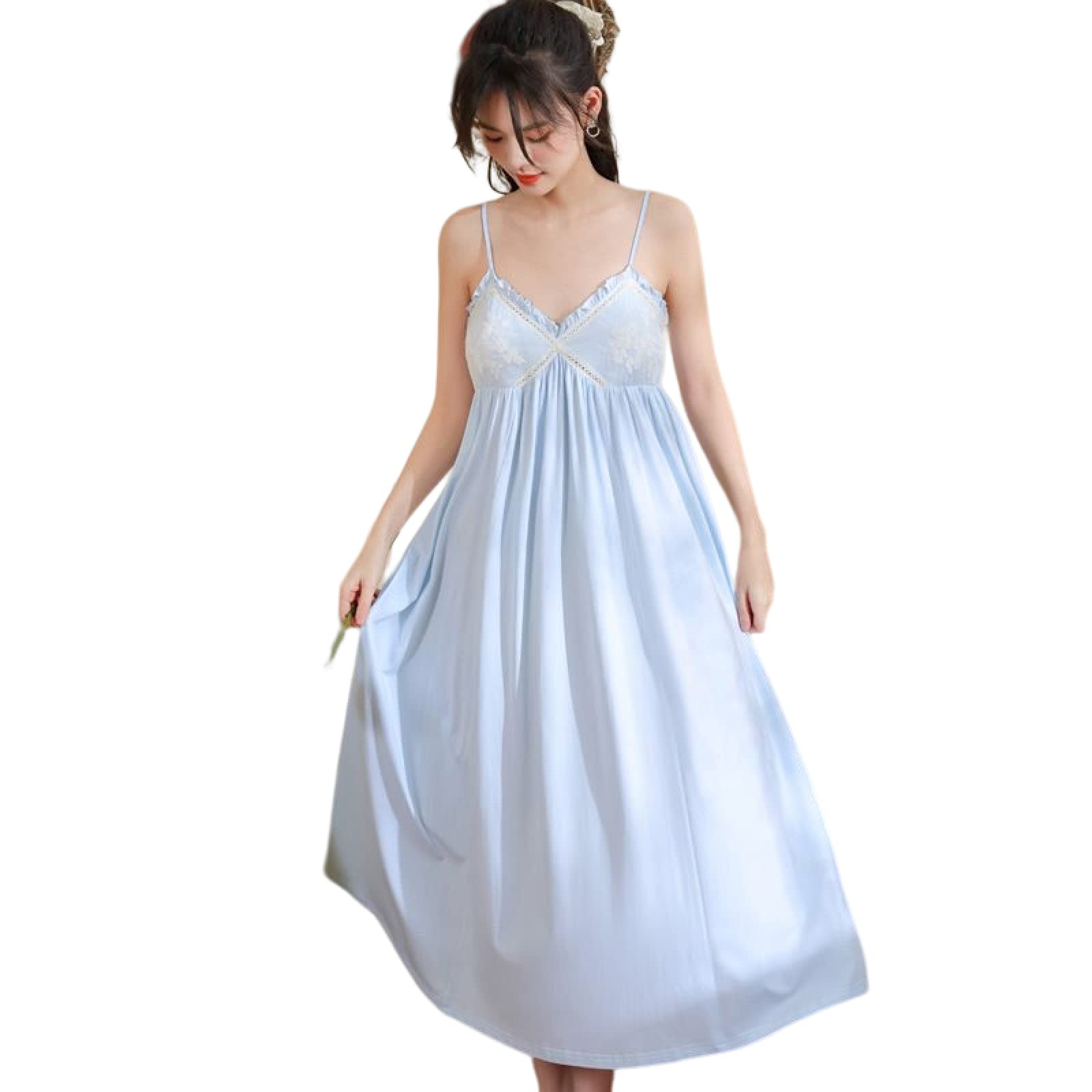 OFFSUM Camisón Clásico De Princesa Sin Mangas con Tirantes De Color Sólido Camisón De Verano De Algodón con Encaje Sexy Almohadilla para El Pecho Ropa De Dormir