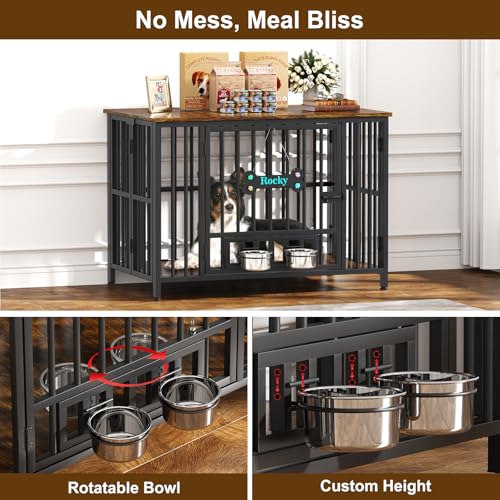 Easycom 41" Dog Crate Furniture Foldable, No Assembly Decorative Dog Kennel Indoor, Dog Crates for Large Dogs(40-65 lb), Wooden Dog Cage with Adjustable Bowls and Name Tag, End Table, Rustic Brown
