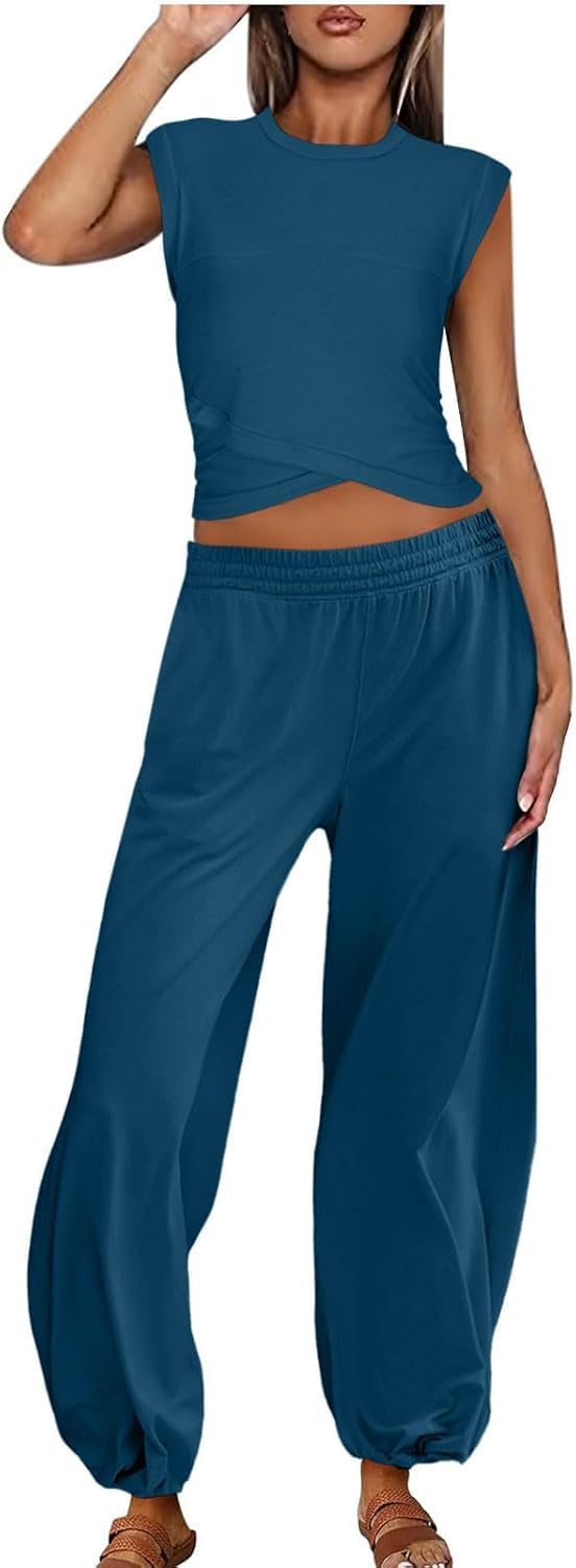 ThiCc Set sportivo da donna, 2 pezzi, tuta estiva casual senza maniche, top corto e pantaloni da jogging, tuta da allenamento