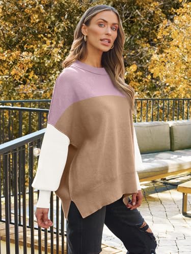 Image of LILLUSORY Women's Oversized Batwing Sweaters 2026 Fall Outfits Trendy Crewneck Knit Side Slit Fashion Pullover Tops