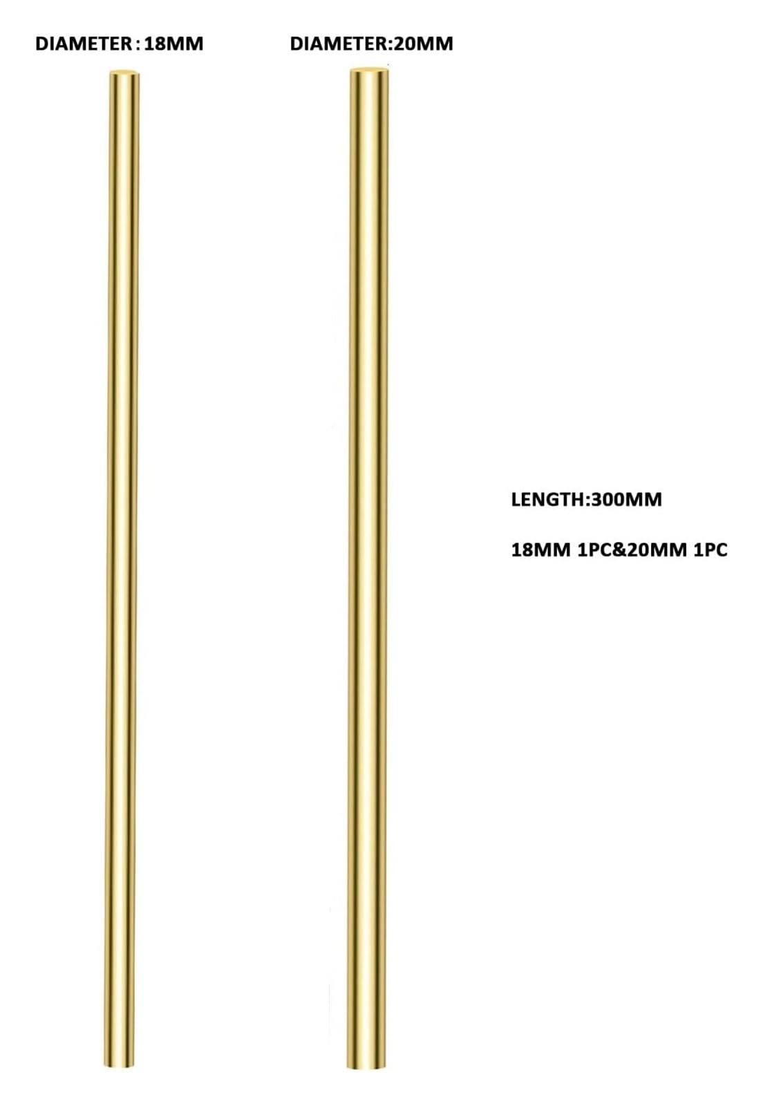 2 Stück Länge 300 mm Rundstäbe aus massivem Messing, Kombinationen aus zwei Durchmessern, Drehstangen-Messingstäbe for Heimwerkerarbeiten, 15 mm und 16 mm(18mm+20mm)
