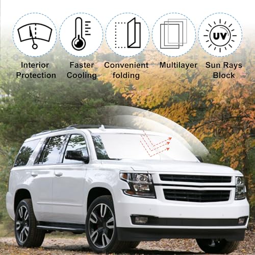 Image of Windshield Sun Shade Custom Fit for 2015 2016 2017 2018 2019 2020 Chevrolet /Chevy Tahoe Accessories Foldable Sunshade Sun Blocker Protect Car from Sun Rays & Heat Damage Keep Car Cooler