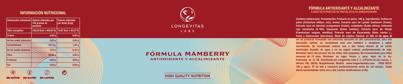 Polvo Frutos Rojos Concentrado con Extracto de Lycium + Garcinia Mangostana + Inulina y Vitamina C - Complemento Diario Sabor Frutal + Digestivo + Antioxidante Natural + 30 Dosis | Longevitas