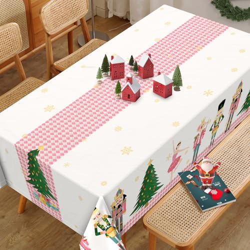 Arquiel Christmas Nutcracker Tree Tablecloth Waterproof,Pink Table Cloth Rectangle Stain Resistant - Image 4