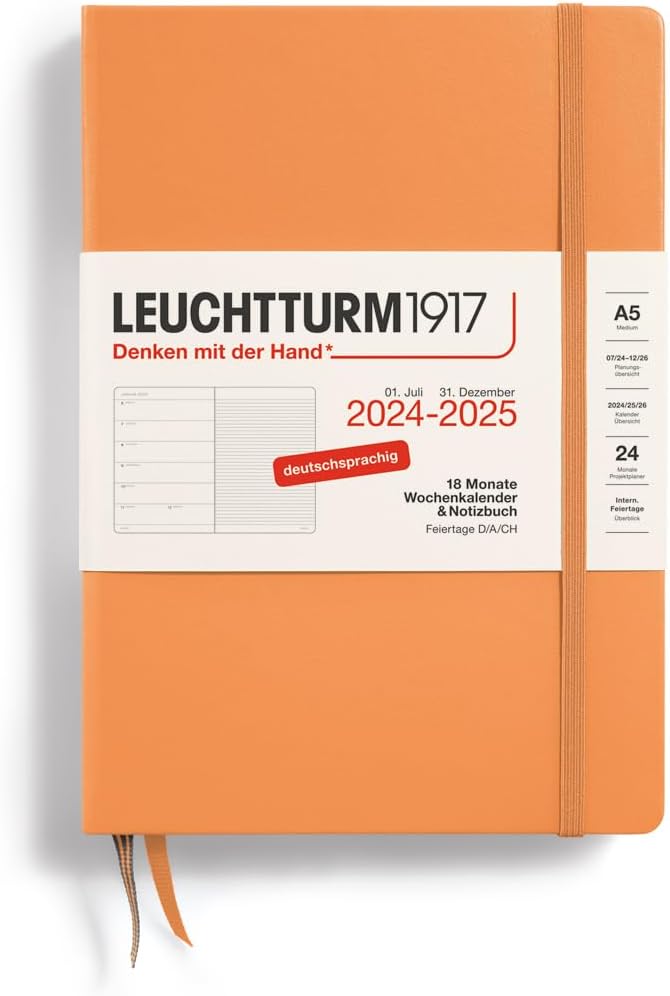 LEUCHTTURM1917 370616 Weekly Calendar & Notebook Medium (A5) 2025, 18 Months, Apricot, German