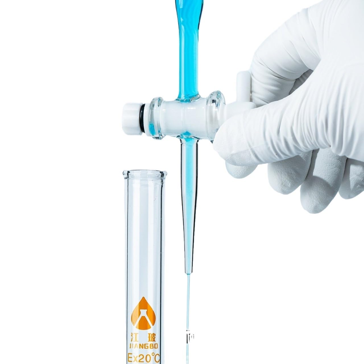 Bürette Klasse A mit PTFE-Hahn, Präzisions-Titrationsröhrchen für Säuren & Laugen, 10ml 25ml 50ml, Bernstein/Klar(Blue white lines acidic 50ml)