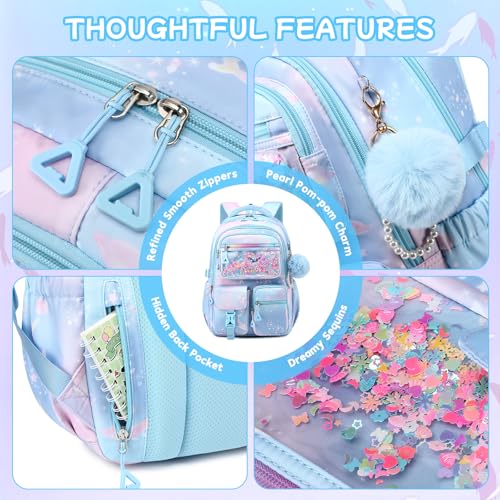 QIXIHU Girls Backpack,School Bag for Kids,Primary,Elementary,teen ages 6-15 Girls Bookbag,Students Kawaii Backpack Blue dolphin by QIXIHU - Used condition - Image 6