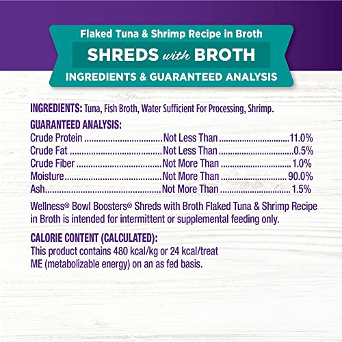 Wellness Bowl Boosters Shreds with Broth Wet Cat Food Topper, Grain Free, Natural, Flaked Tuna and Shrimp Recipe, 1.75 oz, Pack of 12 Pouches - image 6