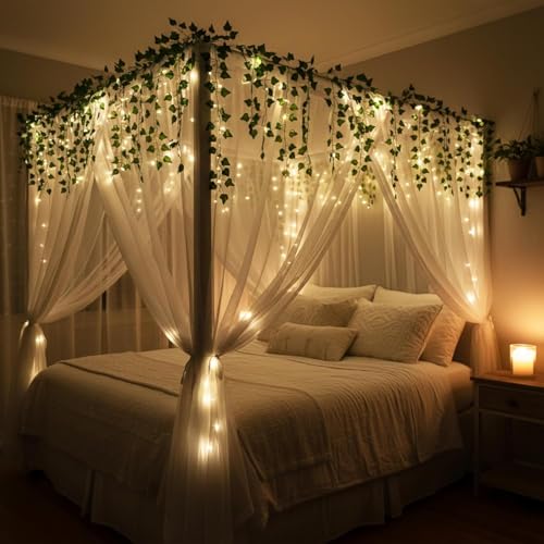 Image of MoonlitDreams Aesthetic Room Decor Kit with 4 Artificial Green Ivy Vines & 40FT Warm Fairy Lights | Pinterest-Inspired Wall Decoration for Bedroom, Living Room, Hostel & Study Room | Home Decor Gift