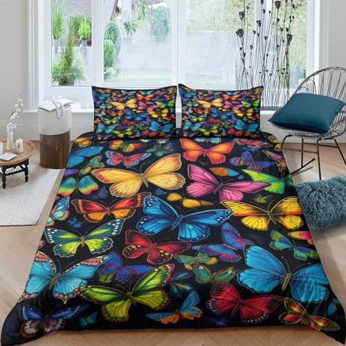 Housse de couette papillon coloré parure de lit 3 pièces microfibre