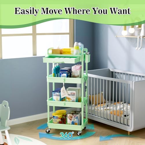 Image of SUNALLY 4 Tier Rolling Utility Cart with Drawer, Storage Organizer Cart with 2 Lockable Wheels, Multifunctional Rolling Storage Cart for Bathroom, Kitchen, Craft, Makeup, Baby Essentials, Green