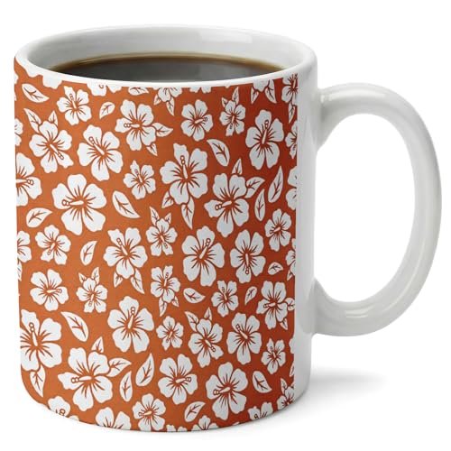 Zongbi Ceramic Coffee Mug With Hawaiian Floral Pattern And White Flowers On Orange Background For Home, Office, Travel, Commuters, And Coffee Lovers, Durable And Stylish Drinkware