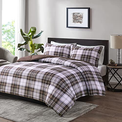 Image of Madison Park Essentials Parkston Plaid Comforter Set Soft Brushed Microfiber College Bedding, 3M Scotchguard Stain Release Cover, Modern All Season Cabin Bedding, King /Cal King, Brown, 3 Piece