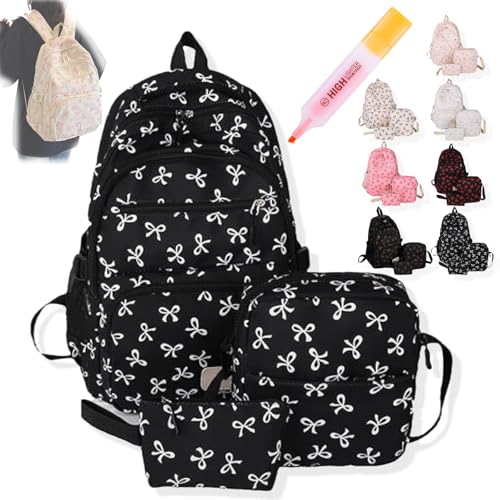 3PCS Set Bow Backpack for Girls, Cute Kawaii Backpacks Set Large Capacity, Nylon Coquette Casual Daypack (White)