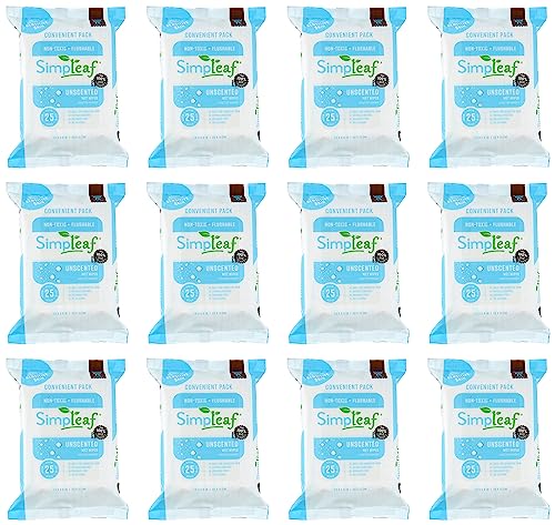 Image of Simpleaf Flushable Wet Wipes Unscented | Plastic Free, Paraben & Alcohol Free | Hypoallergenic & Safe for Sensitive Skin | Soothing Aloe Formula | Adult Toilet Wipes (12 x 50 Count Pack) 600 Count