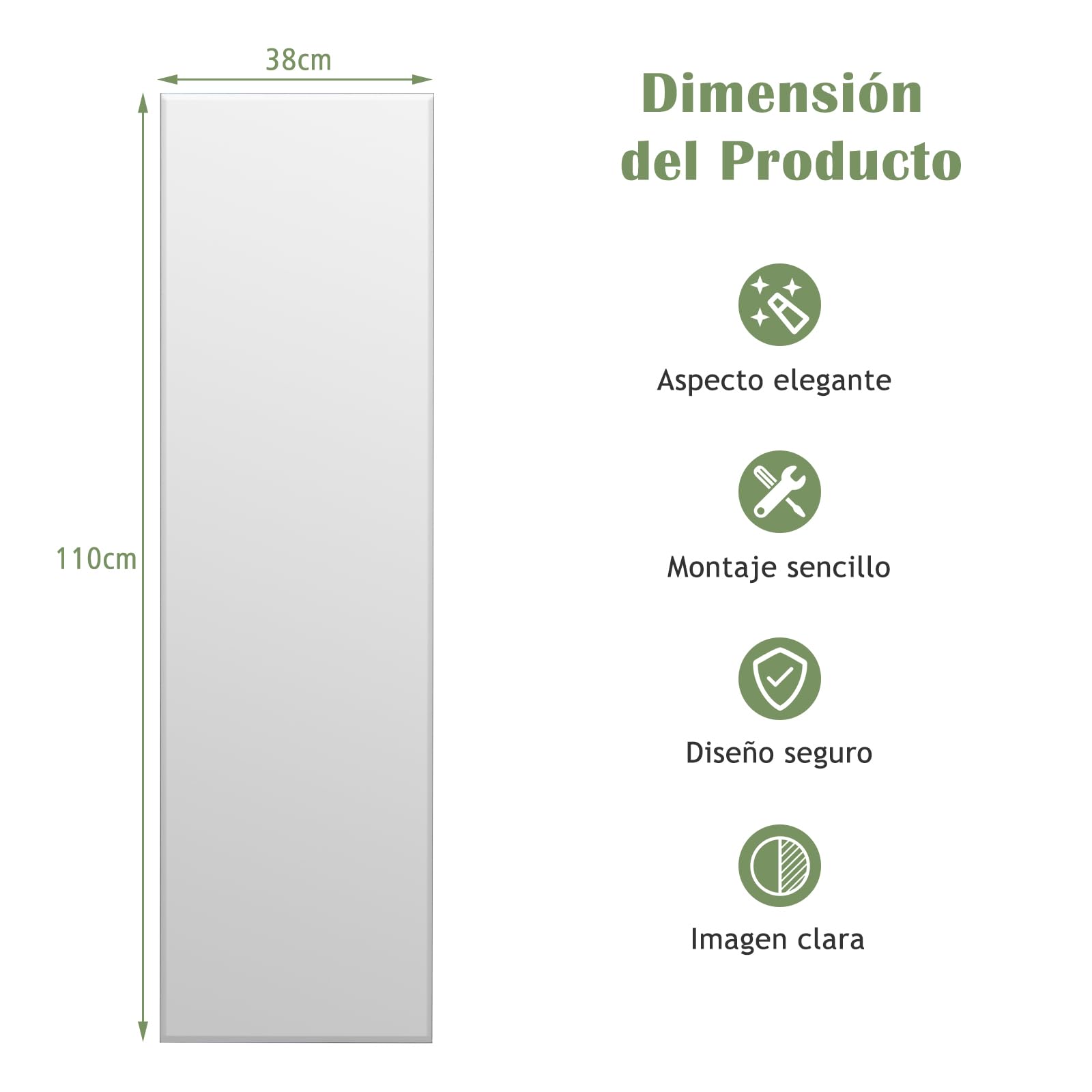 GOPLUS espejo de Pared Cuerpo Entero 110 cm x 38 cm, Espejo Rectangular Grande sin Marco, Estilo Moderno, para Salón Dormitorio Baño Vestidor, con Accesorios de Montaje