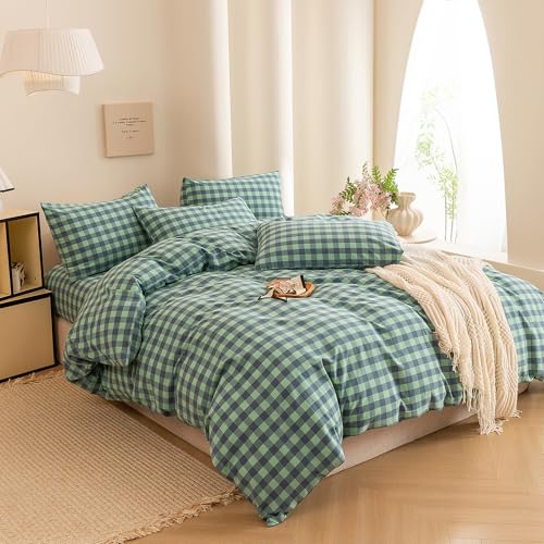 Image of ECOCOTT Grid Plaid Duvet Cover Queen Size -100% Washed Cotton Linen Like Textured Breathable Durable Soft Comfy Bedding Set Mini Green Blue Plaid Comforter Cover