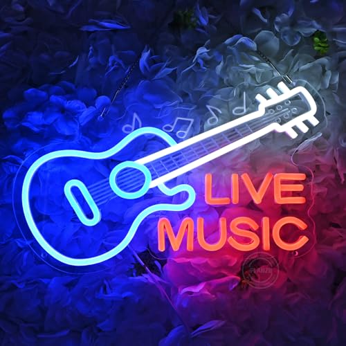 Image of Planzo Guitar Neon Sign Live Music LED Neon Light Record Studio Wall Decor | Music Room Night Club Neon Decor, Beer Bar Business Store Wall Sign Decor, Birthday Christmas Gift, USB, 15.75 inchX9.84 inch