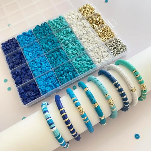 Image of Hudux Clay Beads for Bracelet Making Kit, Heishi Bead for Jewelry Making, Friendship Bracelet Kit, Spacer Beads for Adult Necklace Earring DIY (Blue)