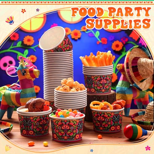Potchen 50 Pack 9 oz Mexican Paper Bowls Mexican Themed Paper Cups Fiesta Flower Disposable Soup Bowls Snack Cups Plates Cinco De Mayo Party Supplies for Taco Dessert Hot or Cold Food