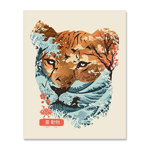 Japanese Tiger Wall Art Print - Traditional Ukiyo-e Wall Art 8 x 10 Unframed Cherry Blossom Ocean Waves Spiritual Home Decor Japanese Theme Artwork Whimsical Cat Print Traditional Samurai Decor