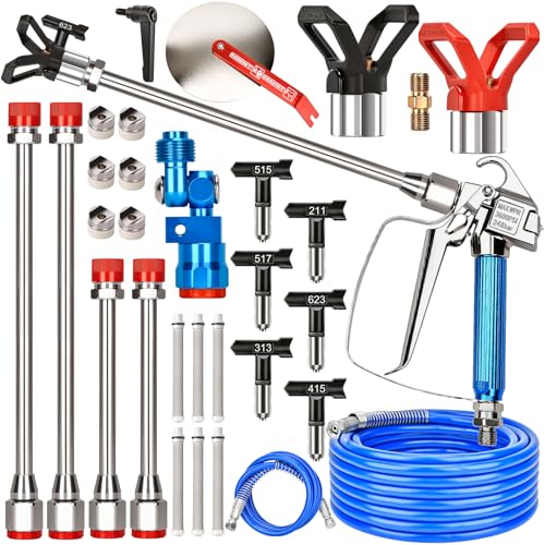 25PCS Airless Paint Sprayer Gun Kit, 3600PSI Airless Spray Gun with 50Ft and 4.92Ft High Pressure Hose, 6PCS Reversible Spray Tips & 6PCS Filters & 4PCS Extension Rod & Guide Tool & 2PCS Nozzle Seat