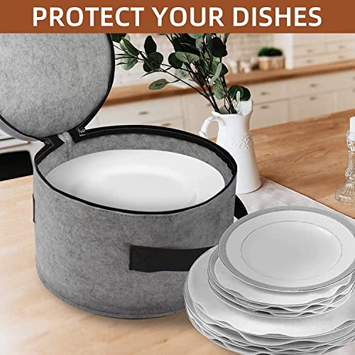 Image of Green Sheep Plate Storage Case with 12 Thick Felt Dividers for Storing and Organizing Dinnerware Dishes, Light Grey