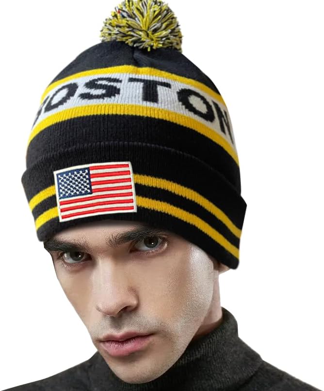 US Flag City Hockey Embroidery Classic Pom Cuff Boston Beanie Hat Cuffed Winter Soft Beanie Knit Pom Hat Cap Black - Image 4