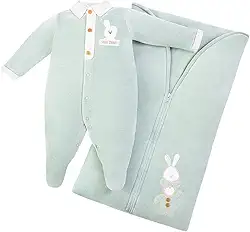 Saída Maternidade Menino em Plush Macio com Bordado de Coelhinho e Ursinho