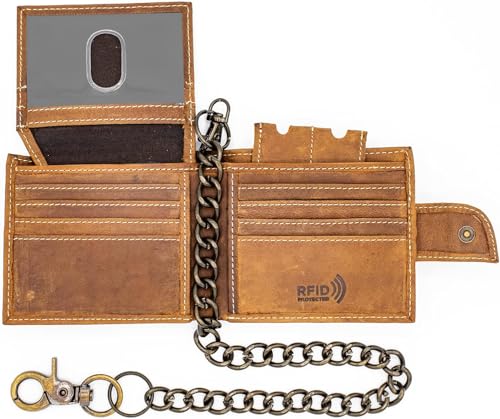 J T C JUZAR TAPAL COLLECTION Chain Wallet for Men Leather Bifold Wallet with Stainless chain Wallet Flip up Window ID Popper Closure Crazy Horse Vintage Style (Rustic Brown)
