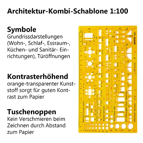 Aristo AR5061 Architektur Kombi Schablone 2 (1:100, Symbole für Grundrissdarstellung, Tuschenoppen, formstabiler PET-Kunststoff) orange-transparent