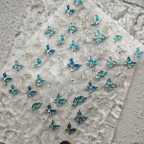 Image of Butterfly Nail Sticker for Nail Art Blue Green Ombre Nail Art Stickers 5D Embossed Rhinestone Design Supplies Jelly Butterfly Stickers for Nails Manicure Decorations