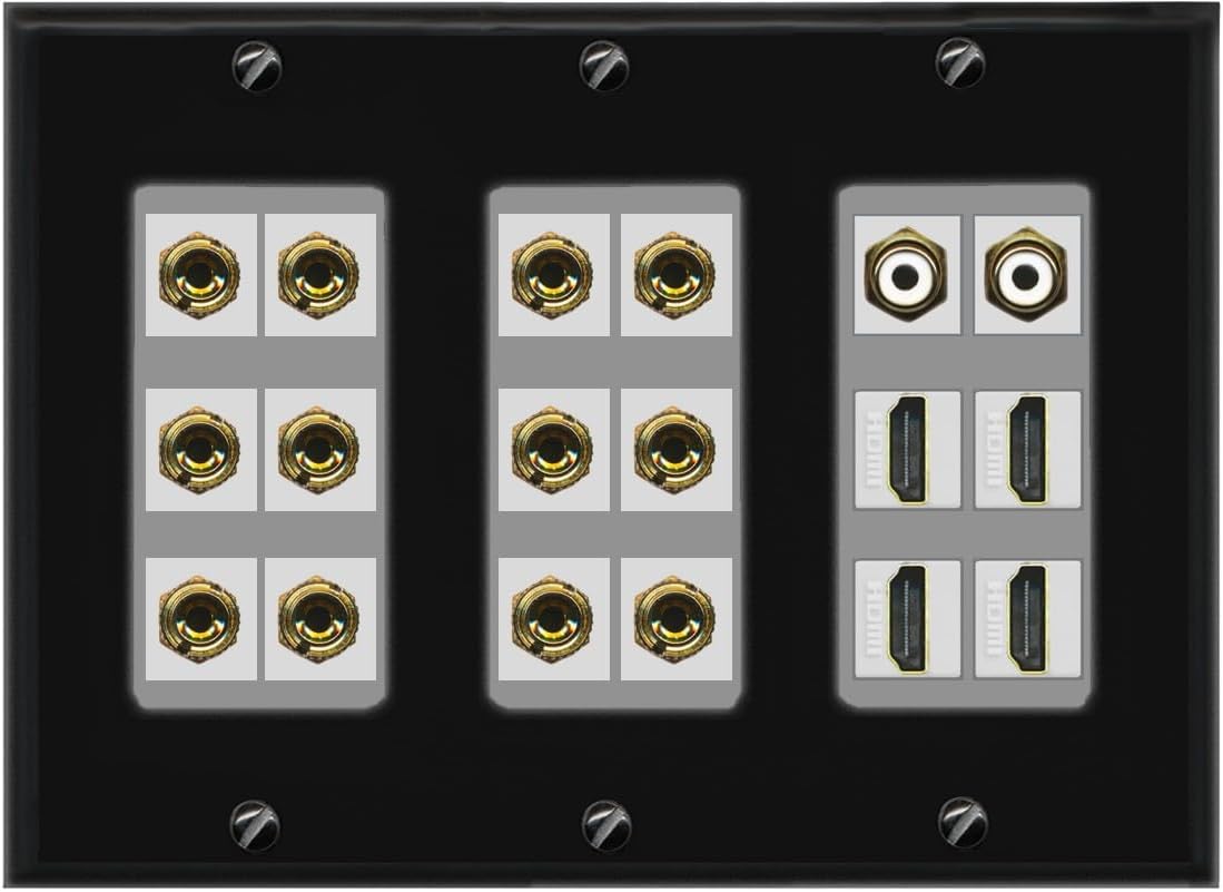 RiteAV 6.2 Surround Sound 6 Speaker 12 Banana Plug Jack Wall Plate w/ 2 RCA Subwoofer + 4 HDMI Female Connectors - 3 Gang [White]