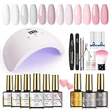 RSTYLE Kit Uñas Semipermanentes Completo，9*10ml Manicura Semipermanente 48 W UV/LED Lampara uñas Semipermanentes,Set Manicura Semipermanente Gel Desnudo Rojo Clásico para Uña Arte o Salones