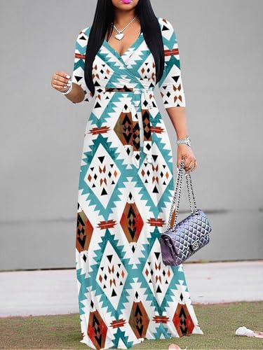 Image of PinkPatty Plus Size Maxi Dress for Women Casual V Neck 3 /4 Sleeve Boho Printed Long Dress with Pockets