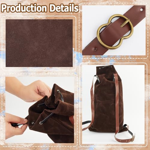 Image of GORGECRAFT Medieval Backpack Drawstring Fibre Bag with PU Leather Straps and Alloy Clasps Portable Pouch for Viking LARP Renaissance Outdoor Activities Cosplay Gym Workout Saddle Brown 18x10.8 inch