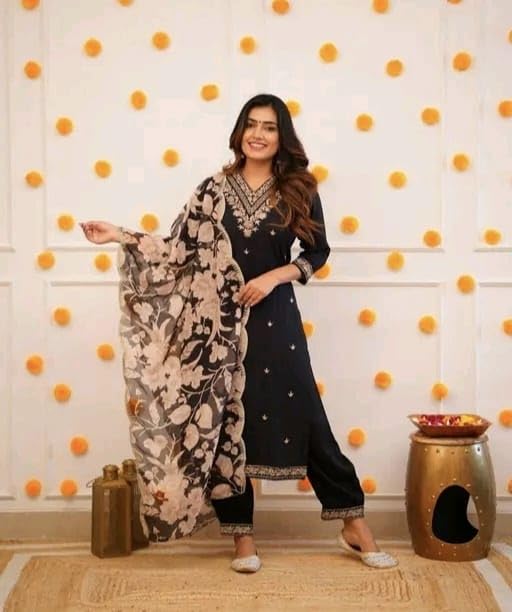 Image of Women's Viscose Rayon Kurta, Pant & Dupatta Set Embroidered Work V Neck 3 /4th Sleeves Straight Salwar Suit Dupatta Set || Comfortable Outfit For Wedding