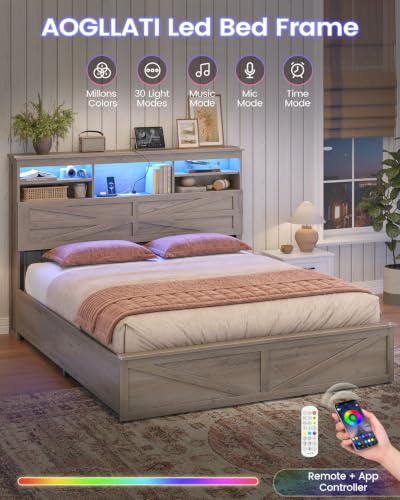 Image of AOGLLATI Farmhouse Full Size Bed Frame with Lift Up Storage, Grey